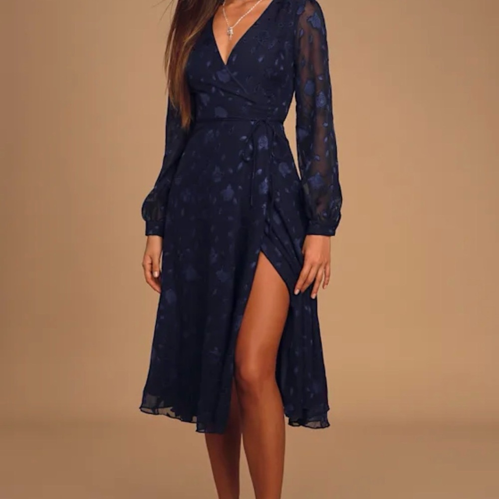 Lulu's Midnight Blue Floral Long Sleeve Dress